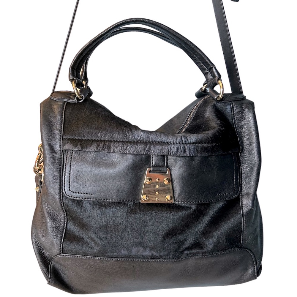 Vince Camuto Black Leather & Calf Hair Shoulder Bag Purse